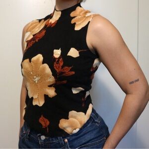 Floral Sleeveless Top - Black and Tan